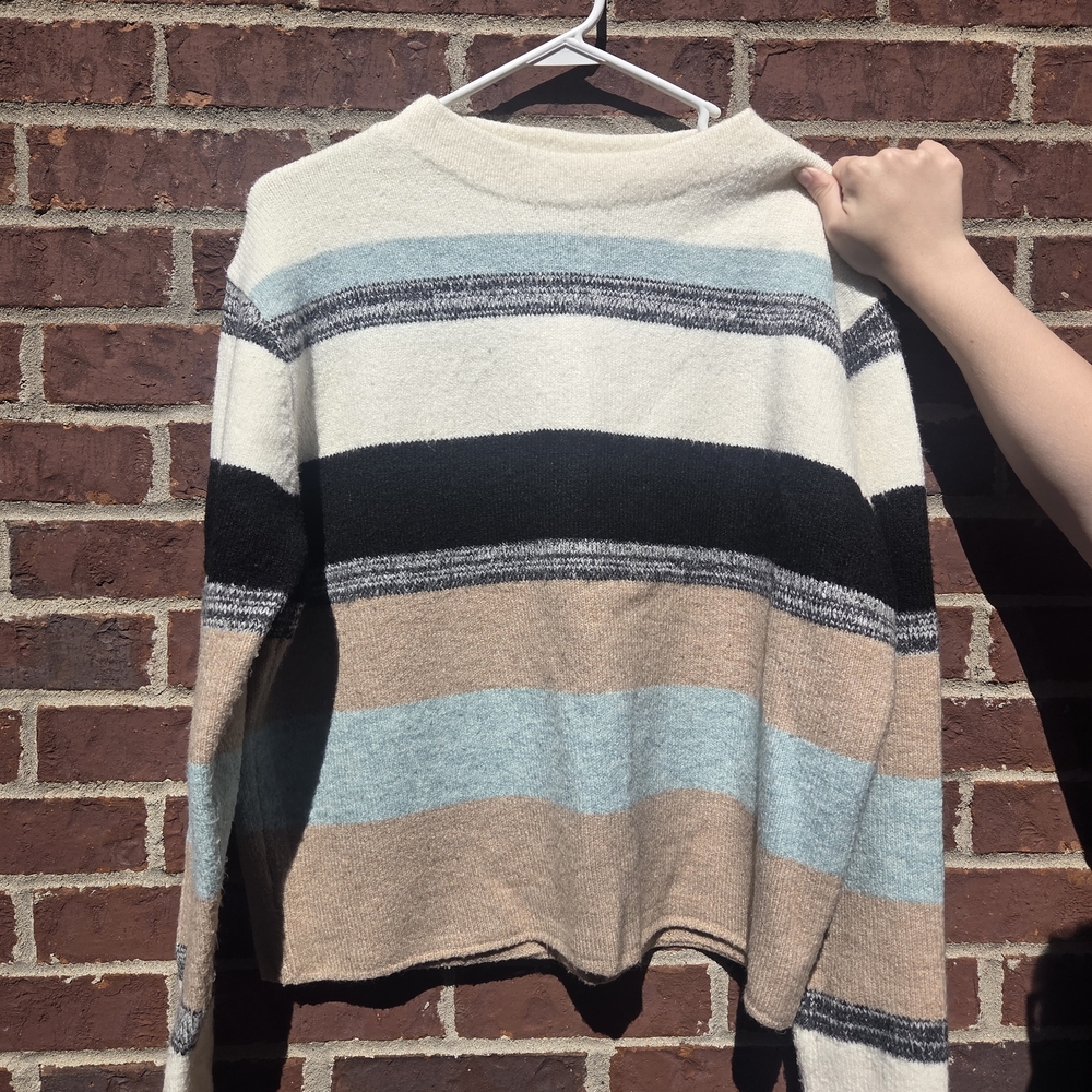 Rain + Rose | Striped Women's Sweater - Cream, Black, Blue, Tan